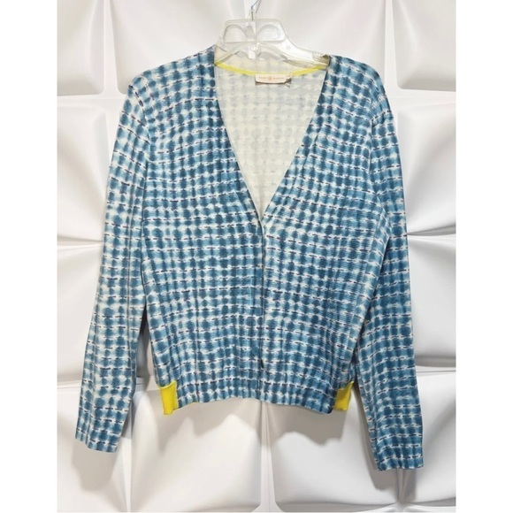 Tory Burch Womens Sz M Blue ikat Tie Dye V Neck Ribbed Sweater Cardigan - Picture 3 of 6